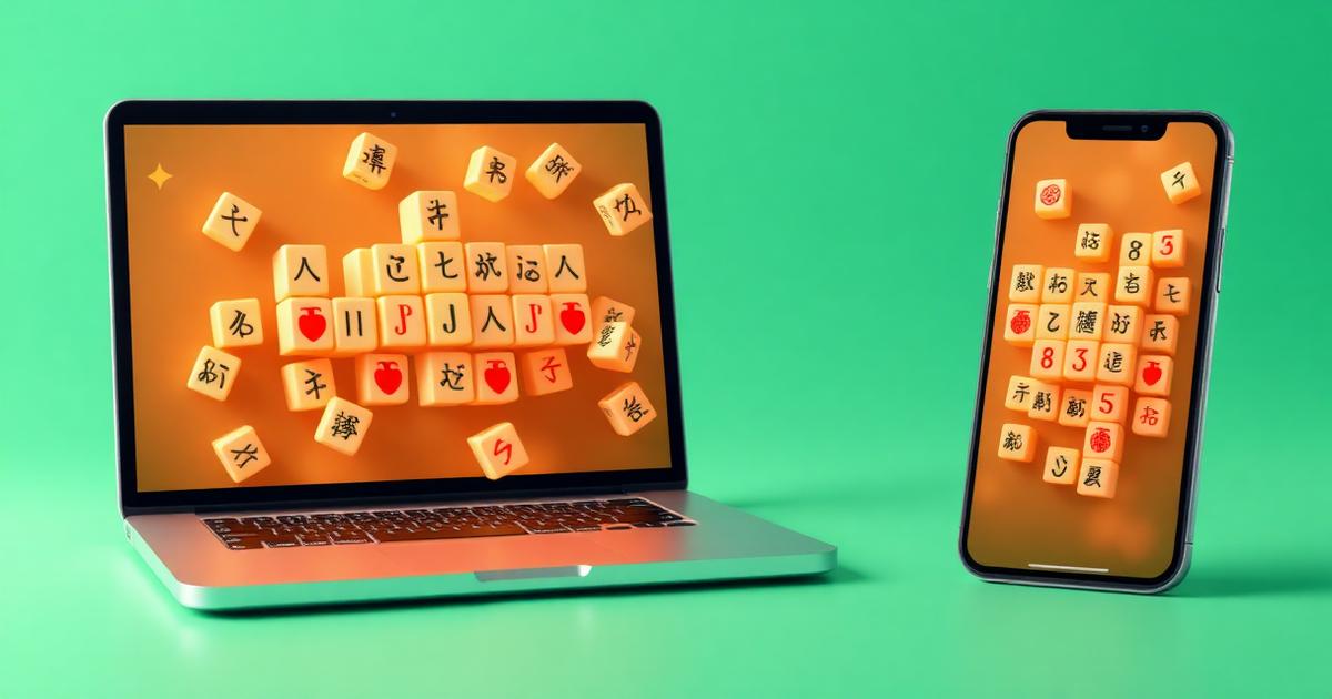 A laptop and phone showing mahjong tiles floating out of the screen