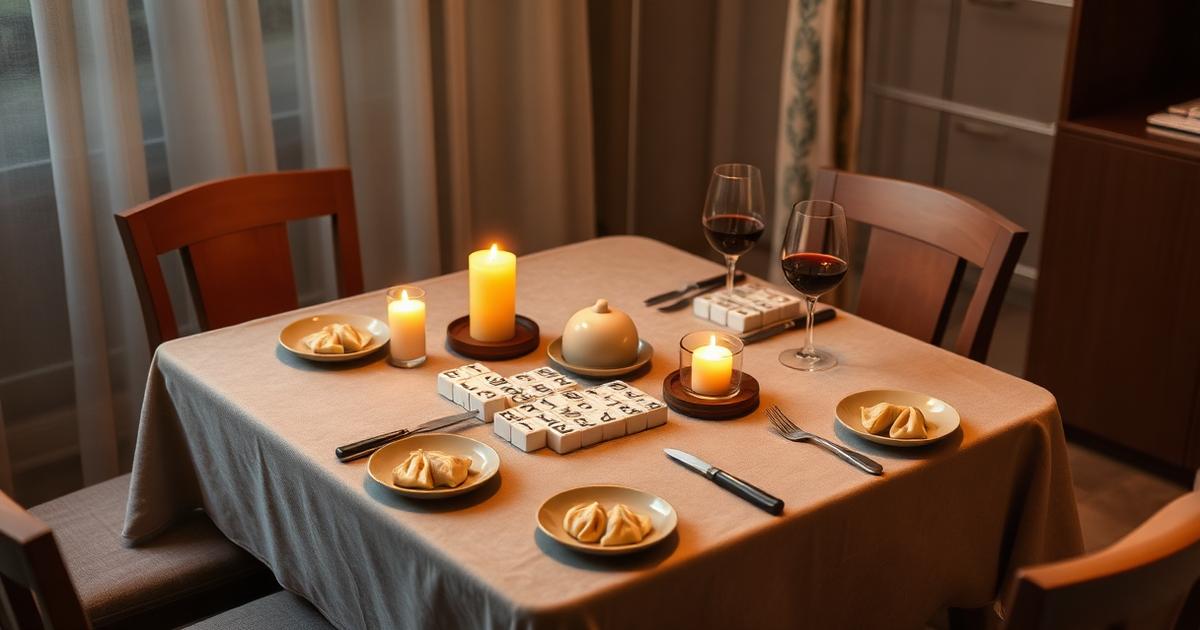 Cozy dinner party table set up for mahjong night with candles and dumplings