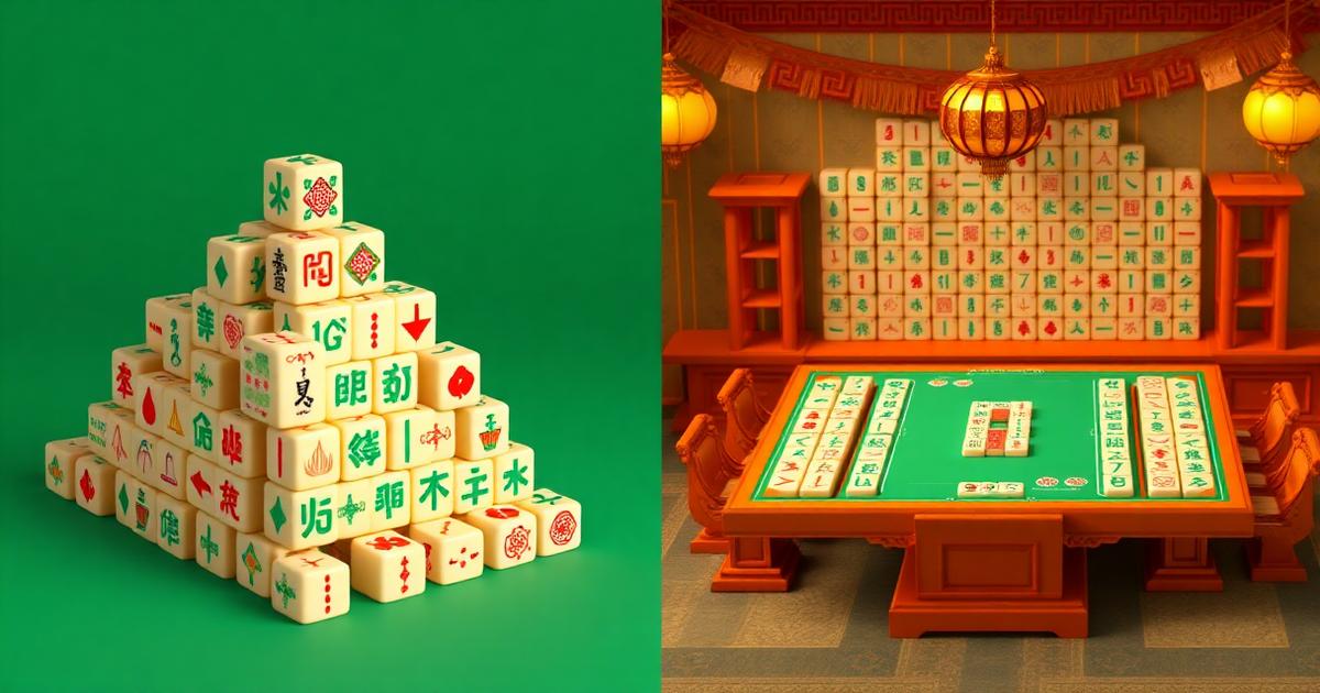 Split image with a mahjong solitaire pyramid on one side and a 4-player mahjong table on the other